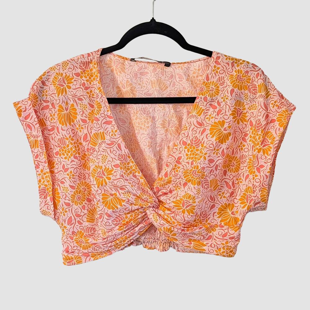 Zara Linen Blend Floral Crop Top Pink Orange Twist Front Boho Euro Summer